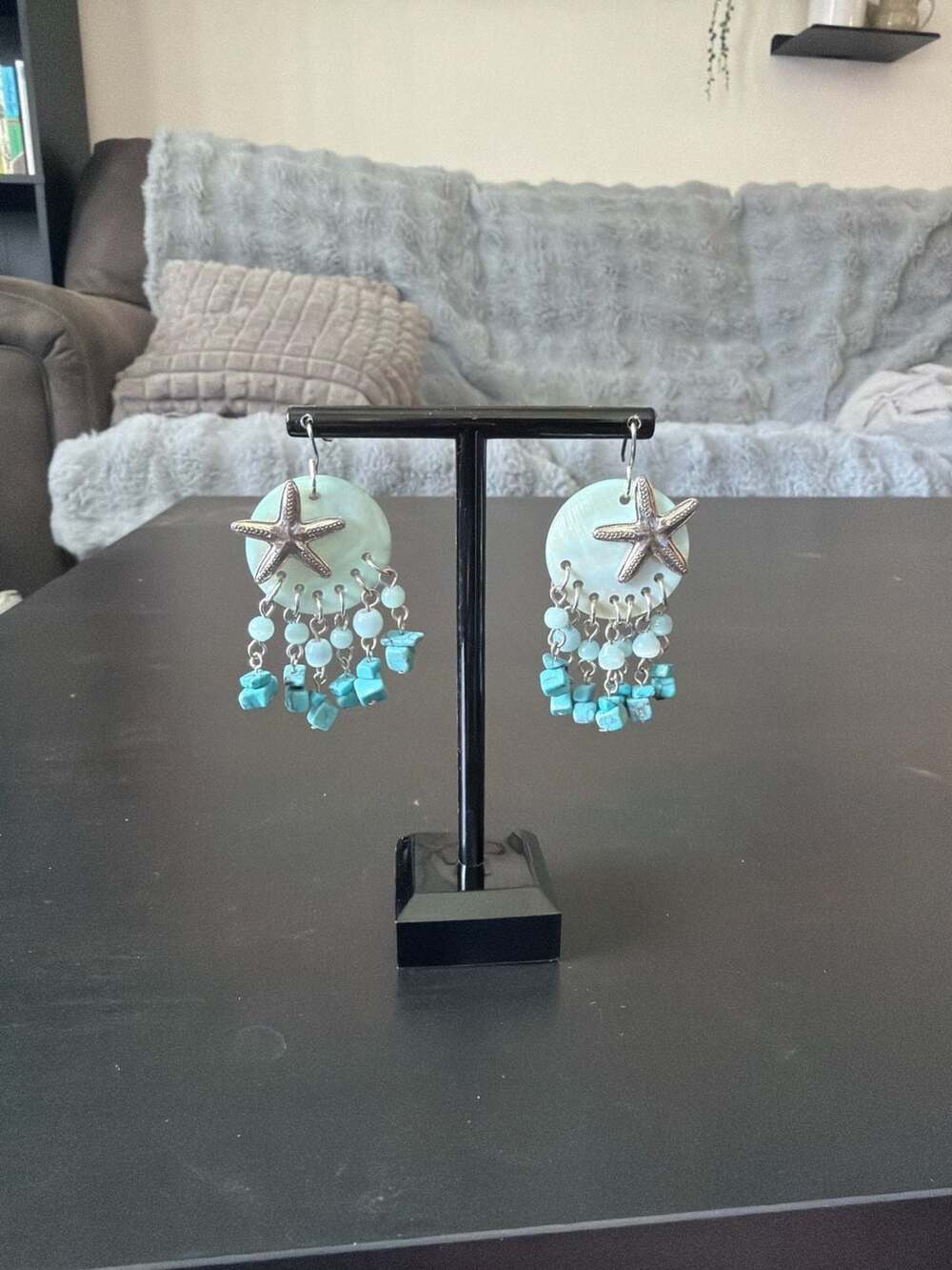 Boho Starfish Mother of Pearl Turquoise Chip Dangle Earrings Coastal Beachy
